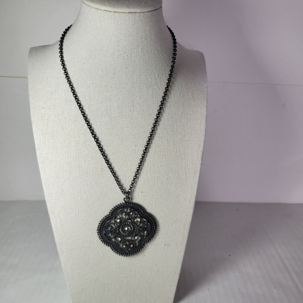 Express Vintage-Inspired Black-Tone Filigree Necklace With Rhinestone Accents